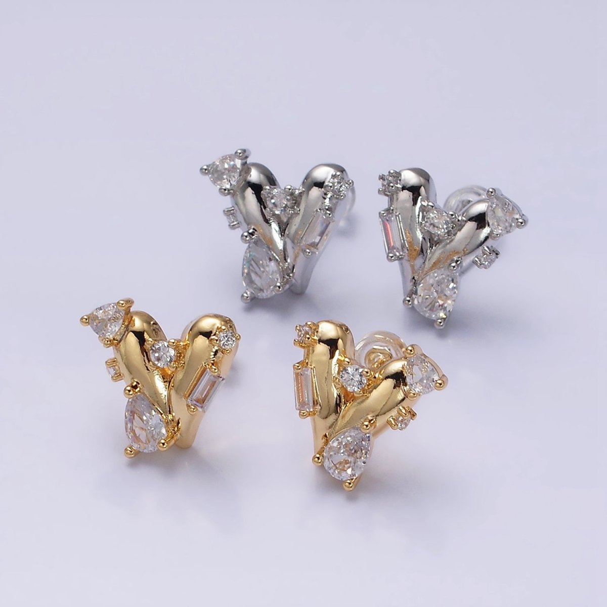 16K Gold Filled Chubby Heart Clear Baguette Teardrop CZ Stud Earrings in Gold & Silver | AD1060 AD1061 - DLUXCA