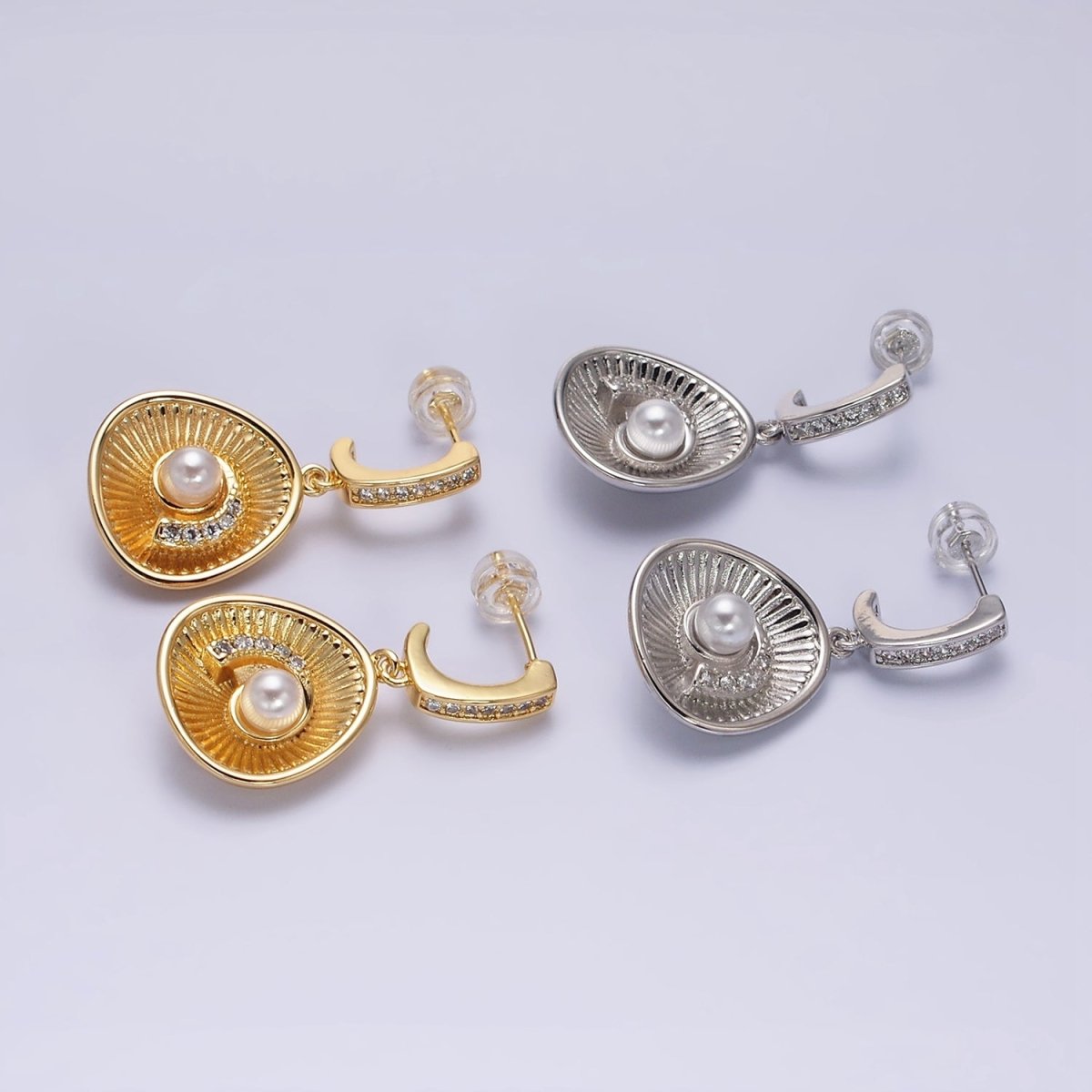 16K Gold Filled Clam Sea Shell Drop Micro Paved CZ J-Shaped Hoop Earrings in Gold & Silver | AD956 AD957 - DLUXCA