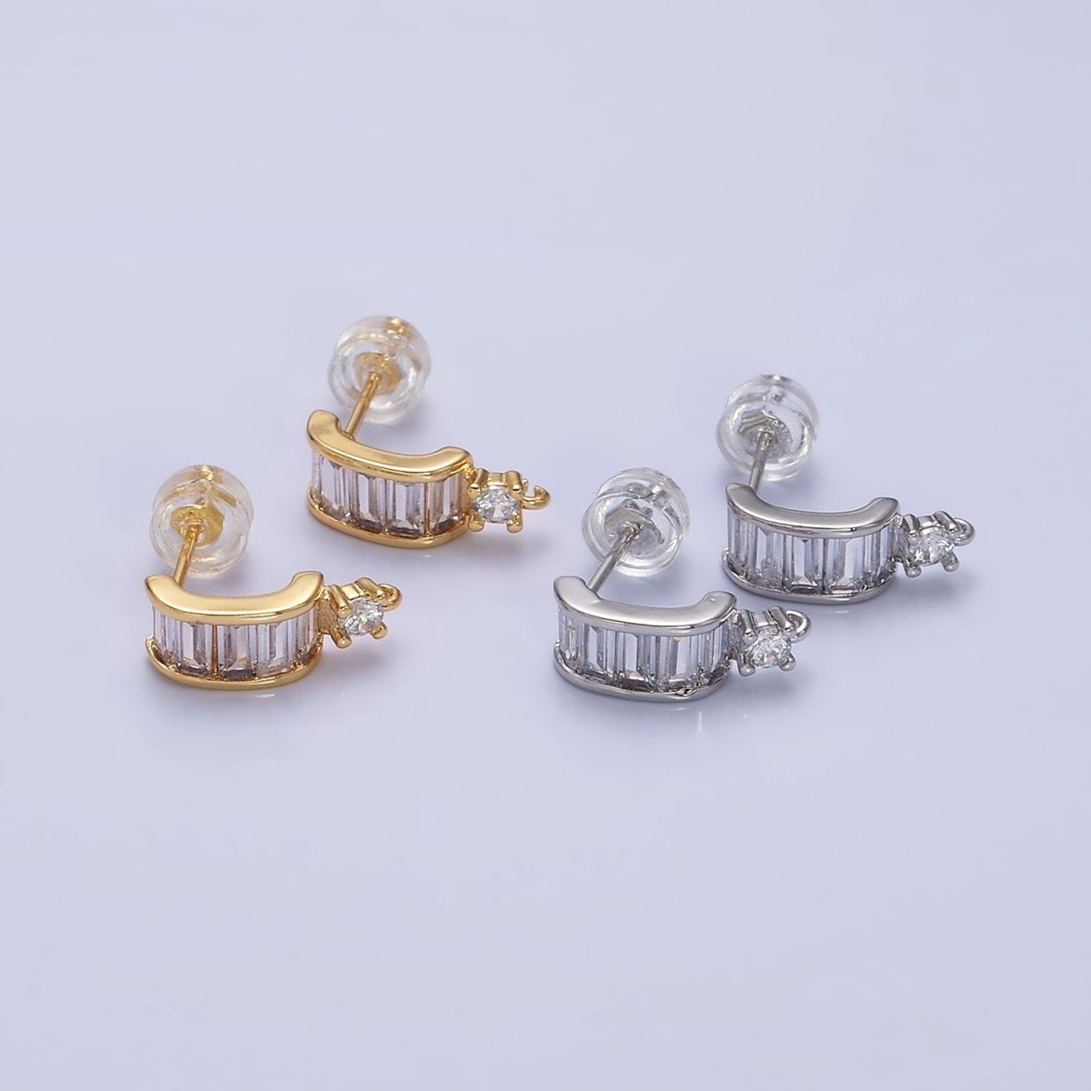 16K Gold Filled Clear Baguette Bar C-Shaped Open Loop Stud Earrings Supply in Gold & Silver | Z-423 Z-424 - DLUXCA