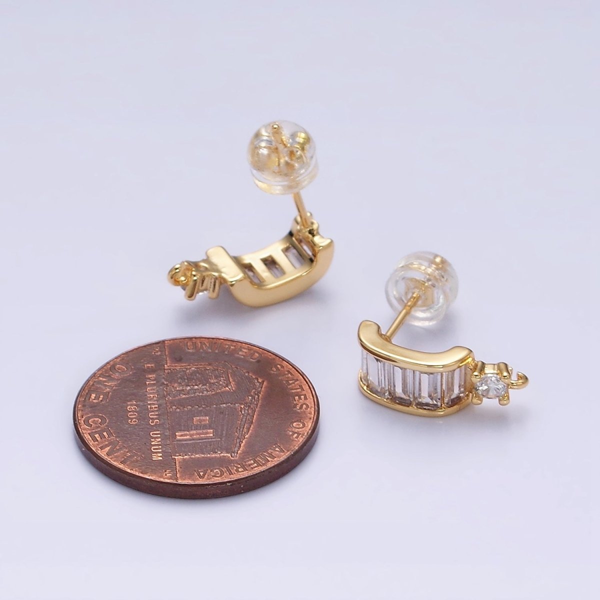 16K Gold Filled Clear Baguette Bar C-Shaped Open Loop Stud Earrings Supply in Gold & Silver | Z-423 Z-424 - DLUXCA