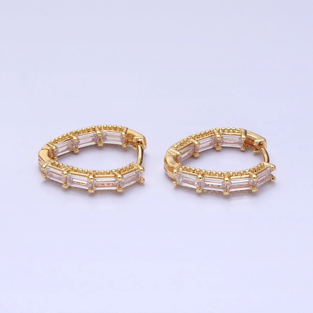 16K Gold Filled Clear Baguette CZ Front-Sided Triangle Hoop Earrings in Gold & Silver | AD909 AD910 - DLUXCA