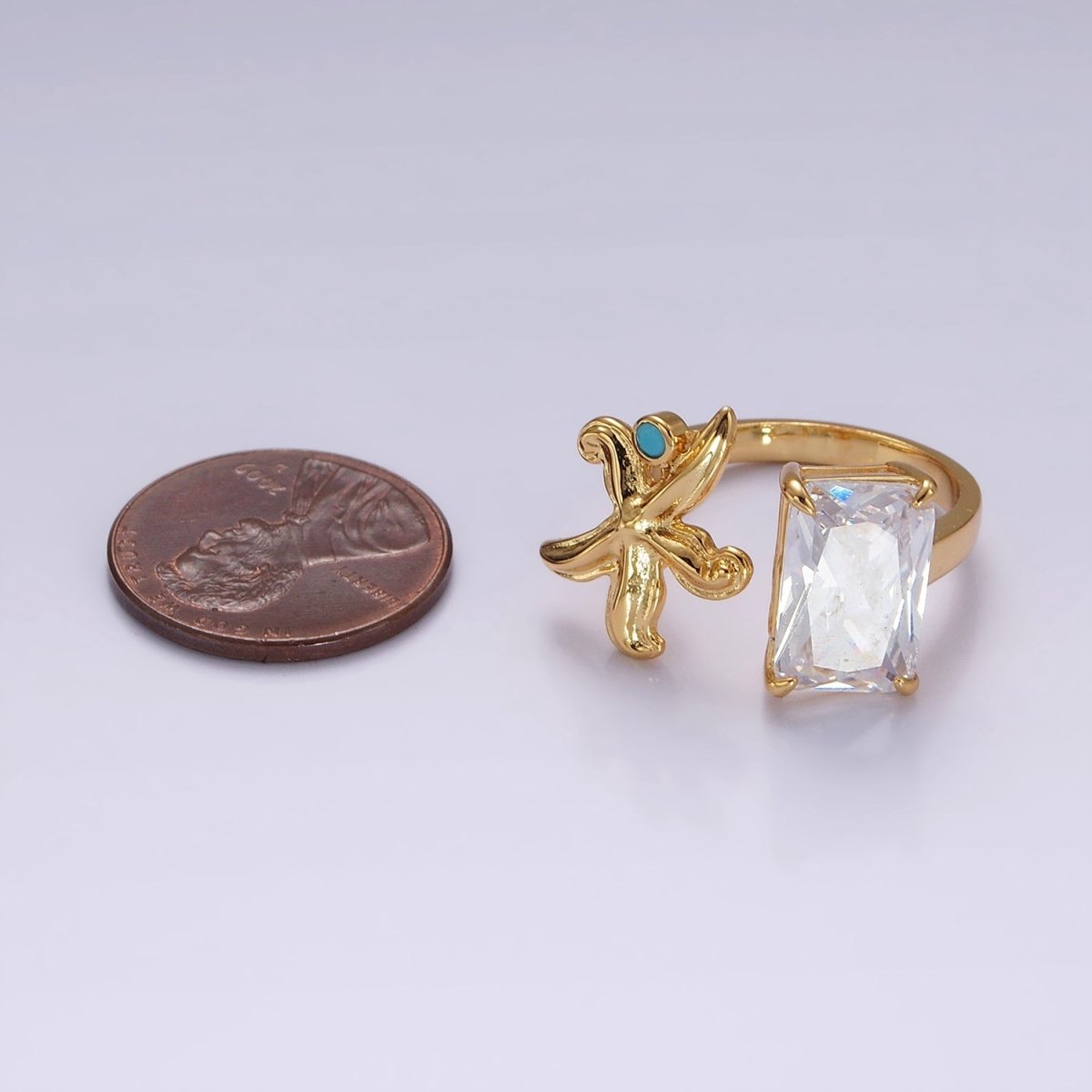 16K Gold Filled Clear Baguette CZ Turquoise Starfish Open Claw Ring | O1058 - DLUXCA