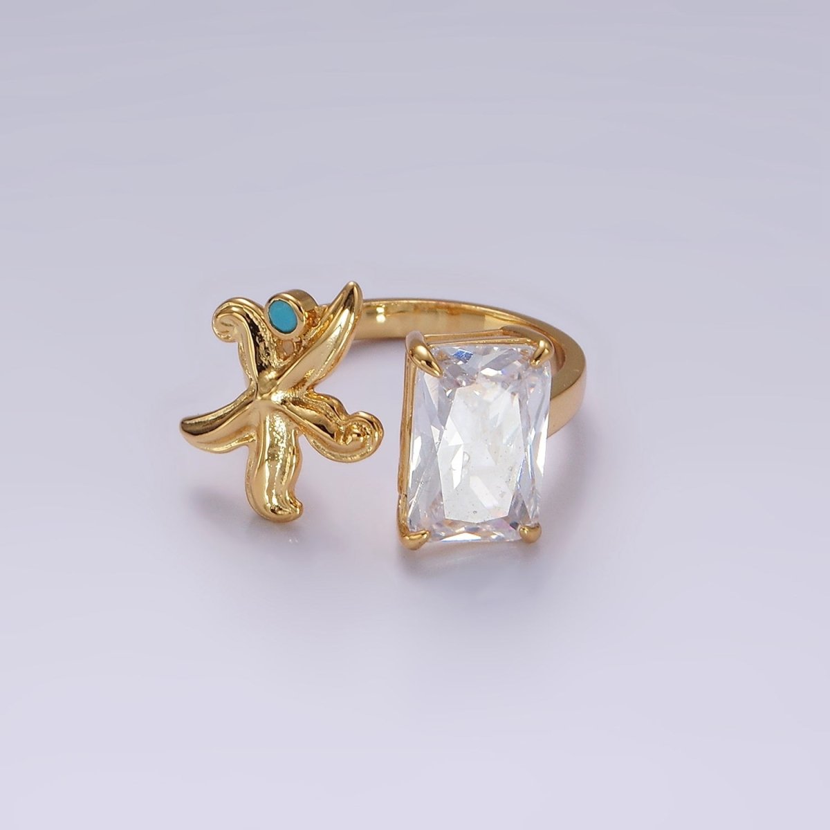 16K Gold Filled Clear Baguette CZ Turquoise Starfish Open Claw Ring | O1058 - DLUXCA