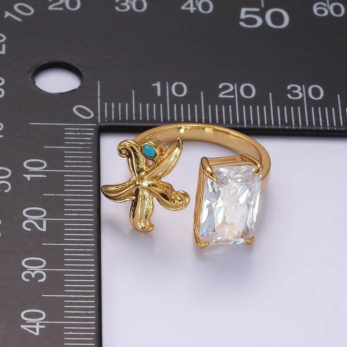 16K Gold Filled Clear Baguette CZ Turquoise Starfish Open Claw Ring | O1058 - DLUXCA