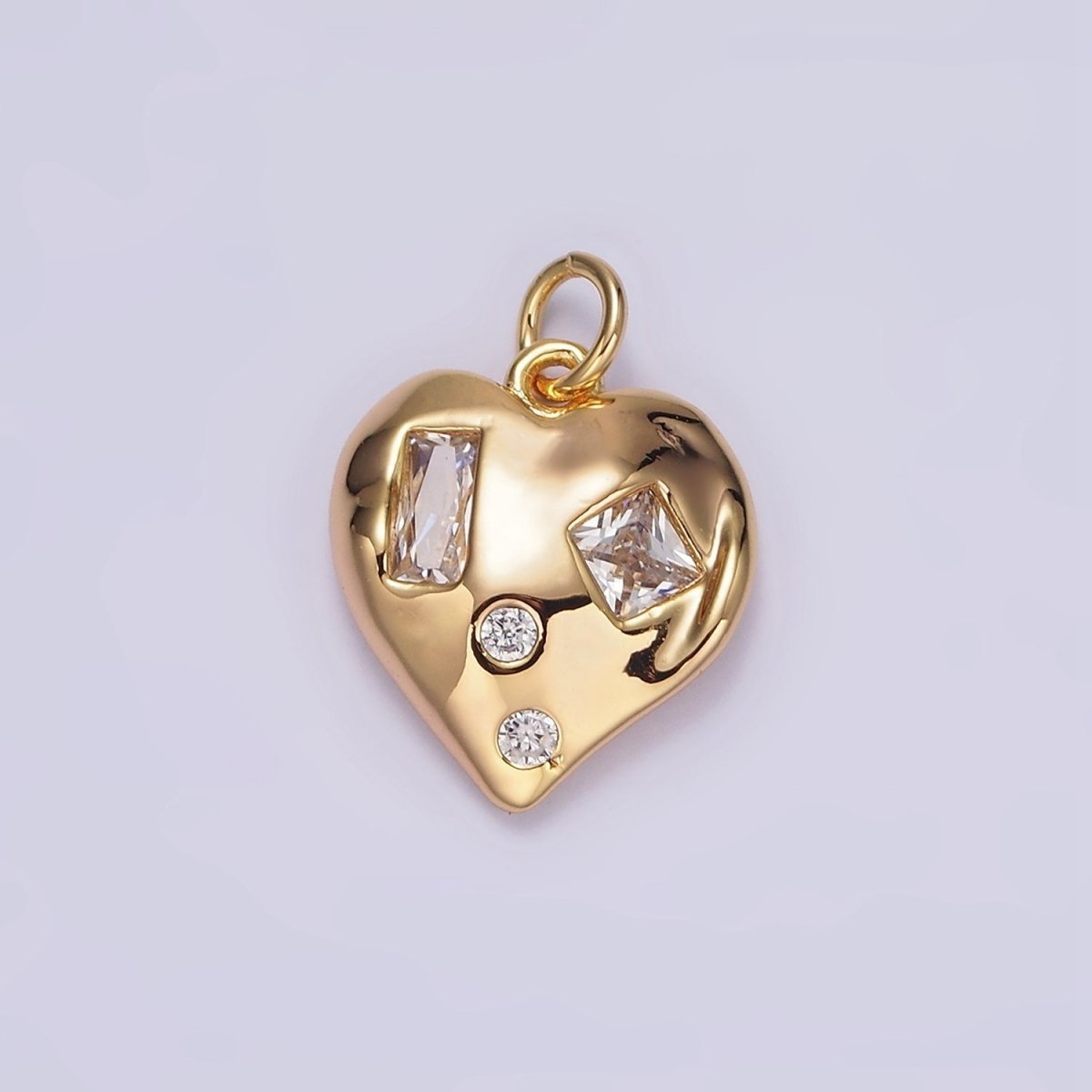 16K Gold Filled Clear Baguette Dotted CZ Hammered Abstract Heart Charm | N1010 - DLUXCA