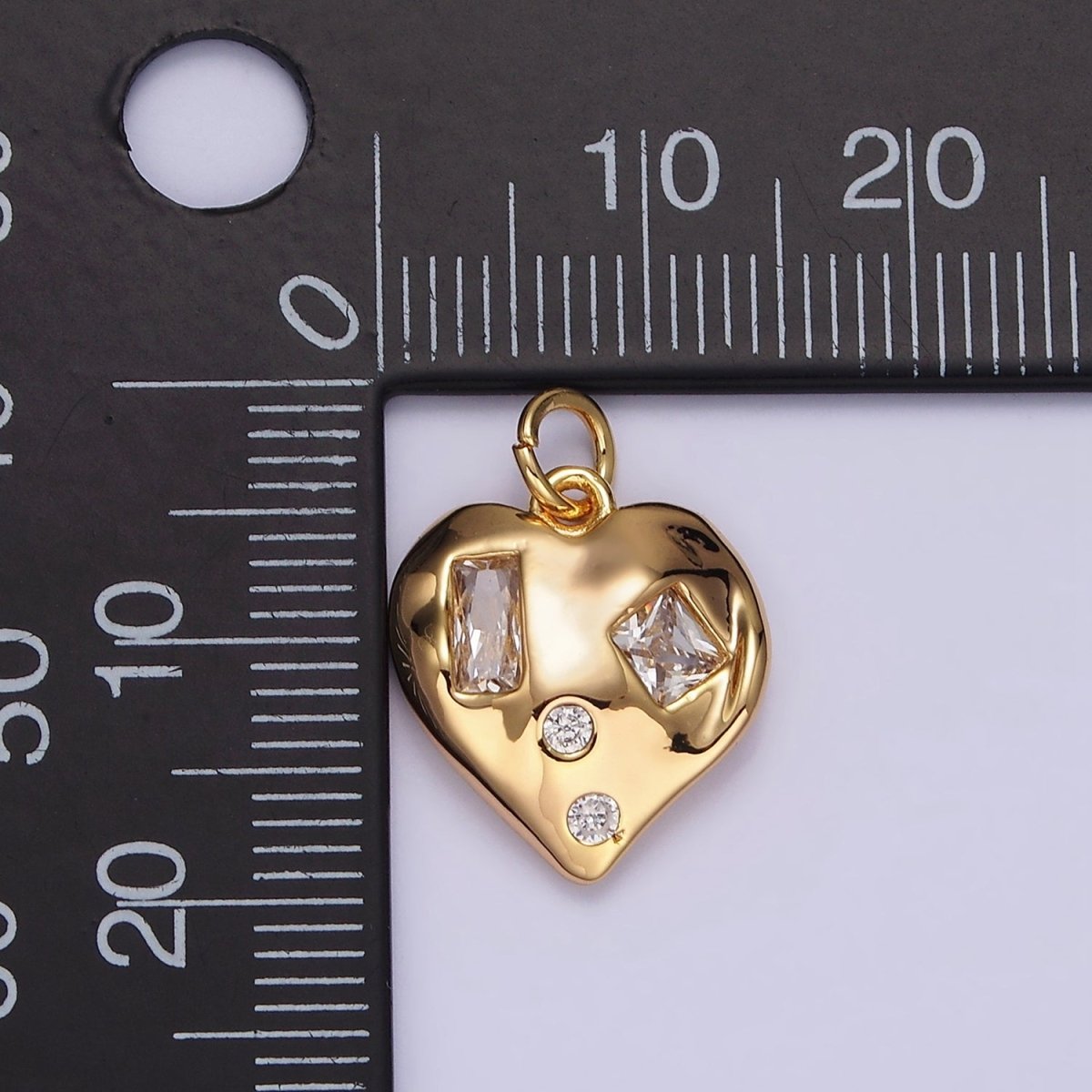 16K Gold Filled Clear Baguette Dotted CZ Hammered Abstract Heart Charm | N1010 - DLUXCA