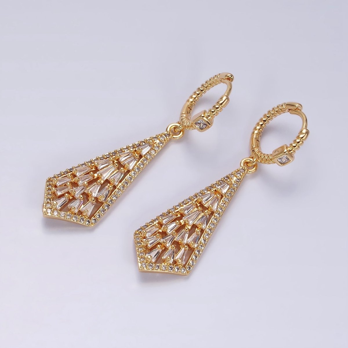 16K Gold Filled Clear Baguette Geometric Drop Twisted Square CZ Huggie Earrings in Gold & Silver | AD1183 AD1184 - DLUXCA