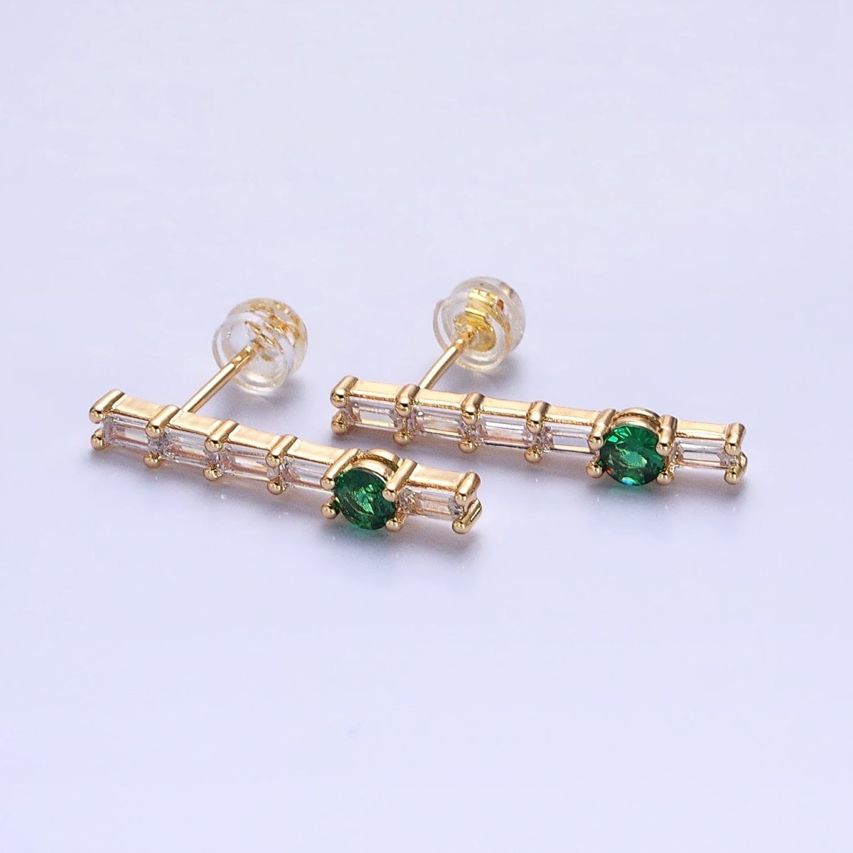 16K Gold Filled Clear Baguette Green Round CZ Linear Drop Stud Earrings in Gold & Silver | AB888 AB889 - DLUXCA