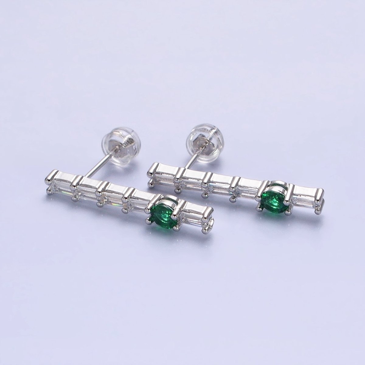 16K Gold Filled Clear Baguette Green Round CZ Linear Drop Stud Earrings in Gold & Silver | AB888 AB889 - DLUXCA