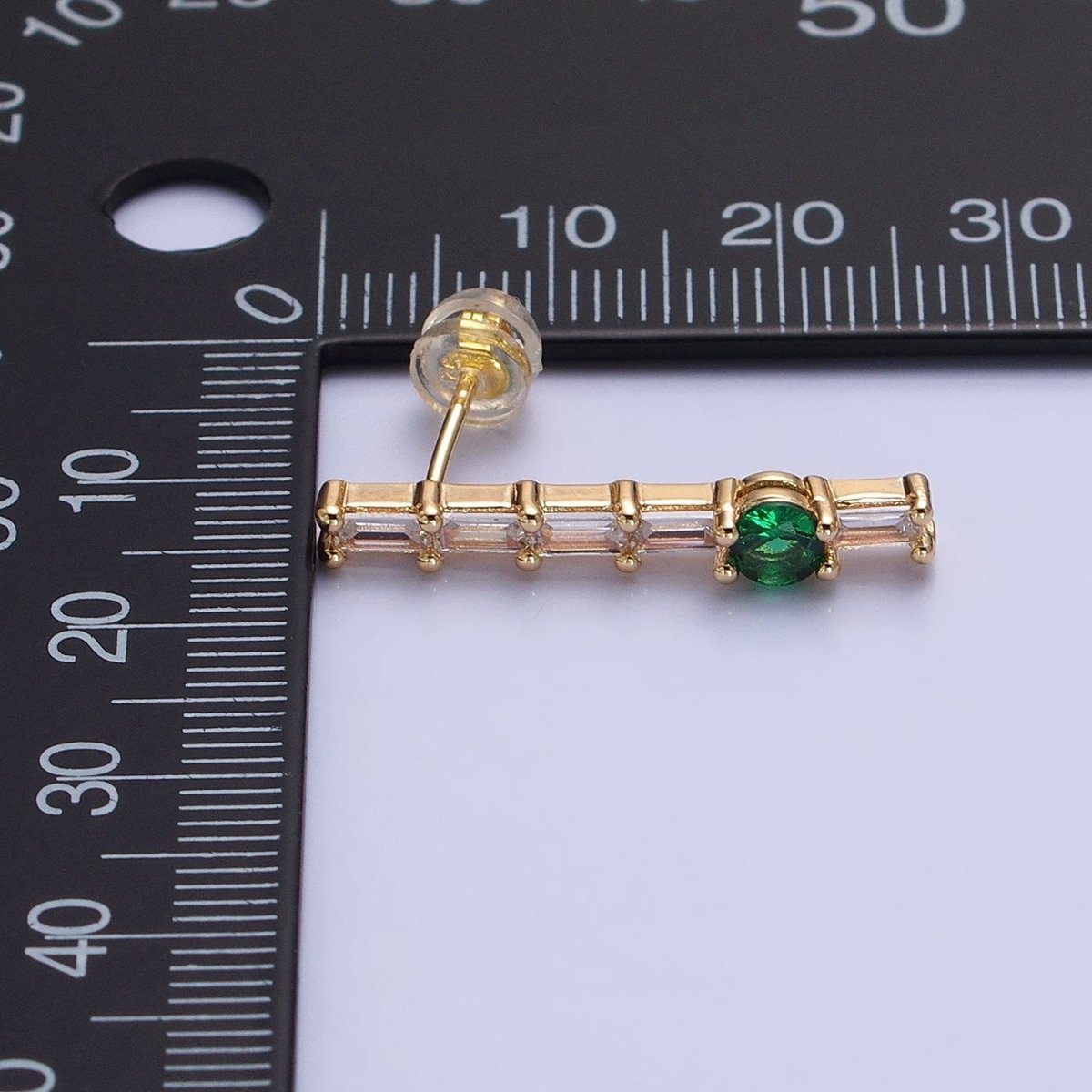 16K Gold Filled Clear Baguette Green Round CZ Linear Drop Stud Earrings in Gold & Silver | AB888 AB889 - DLUXCA