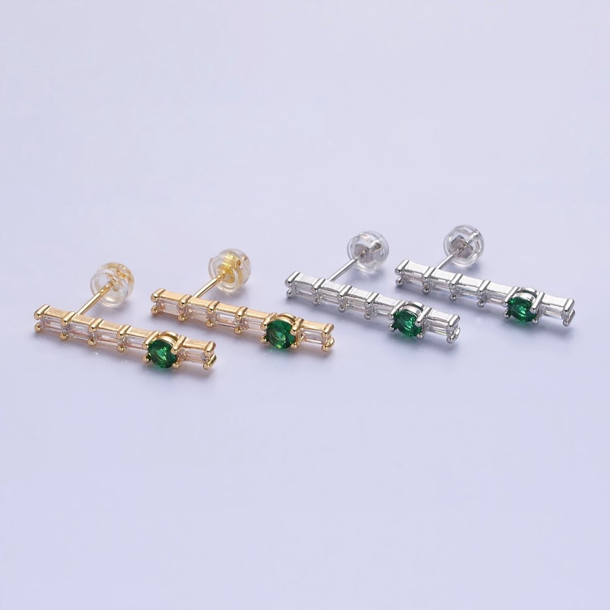 16K Gold Filled Clear Baguette Green Round CZ Linear Drop Stud Earrings in Gold & Silver | AB888 AB889 - DLUXCA