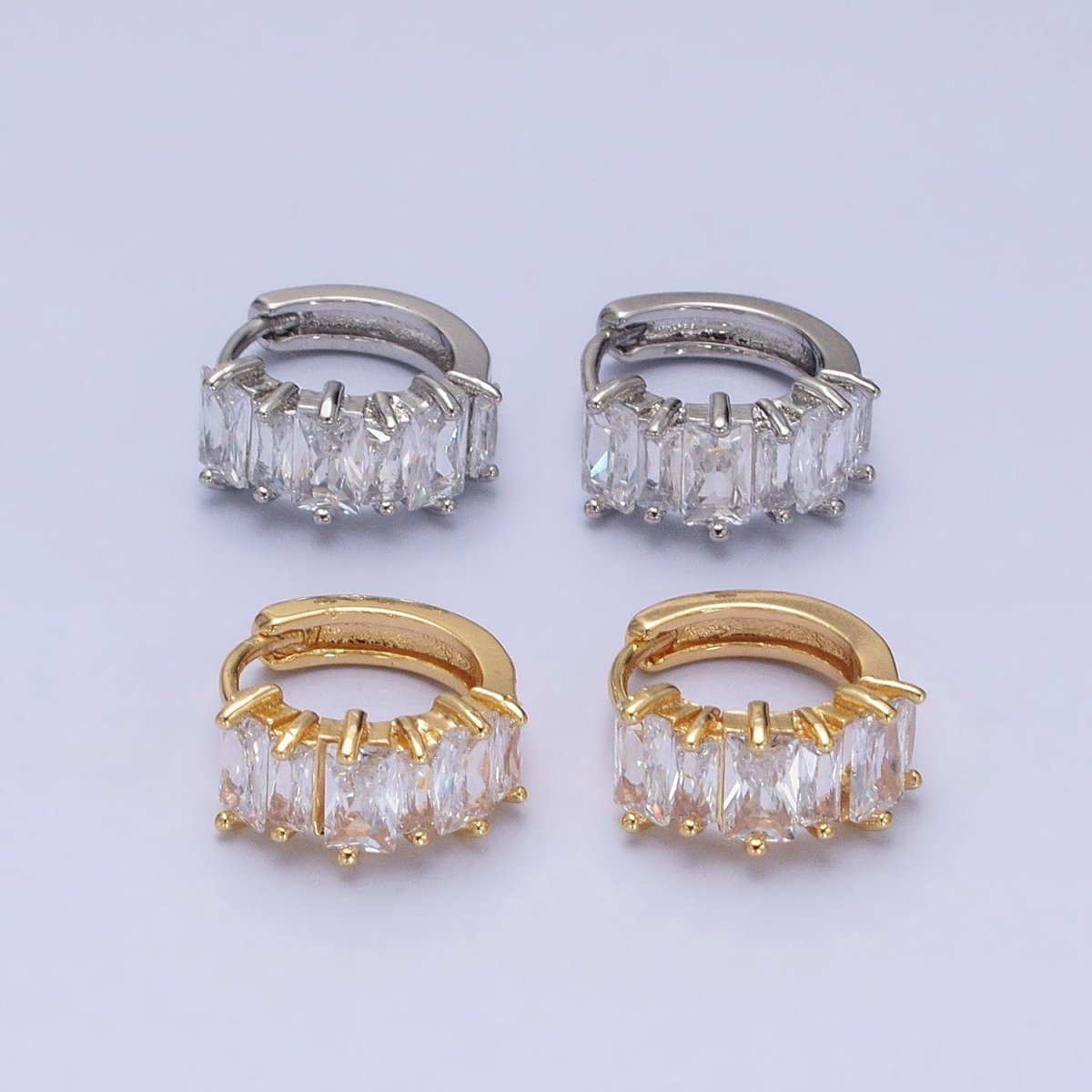 16K Gold Filled Clear Baguette Lined 13mm Huggie Earrings in Gold & Silver | AD845 AD846 - DLUXCA