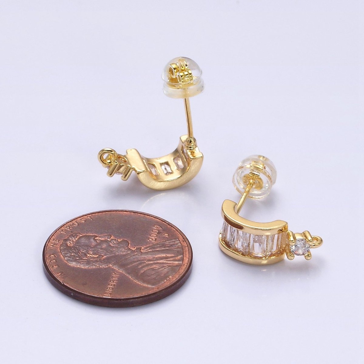 16K Gold Filled Clear Baguette Lined CZ Drop Open Loop C-Shaped Hoop Earrings in Gold & Silver | Z-409 Z-410 - DLUXCA