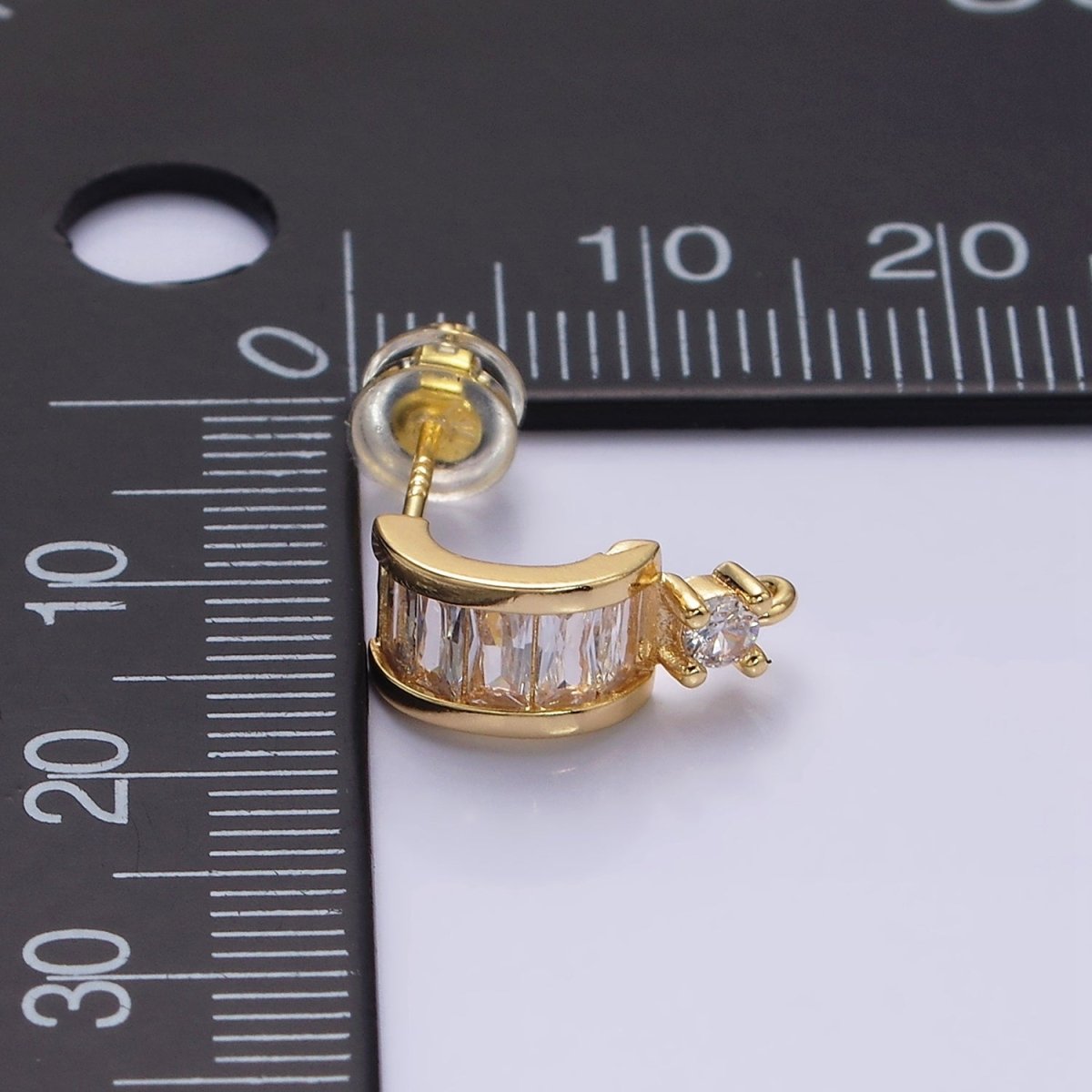 16K Gold Filled Clear Baguette Lined CZ Drop Open Loop C-Shaped Hoop Earrings in Gold & Silver | Z-409 Z-410 - DLUXCA