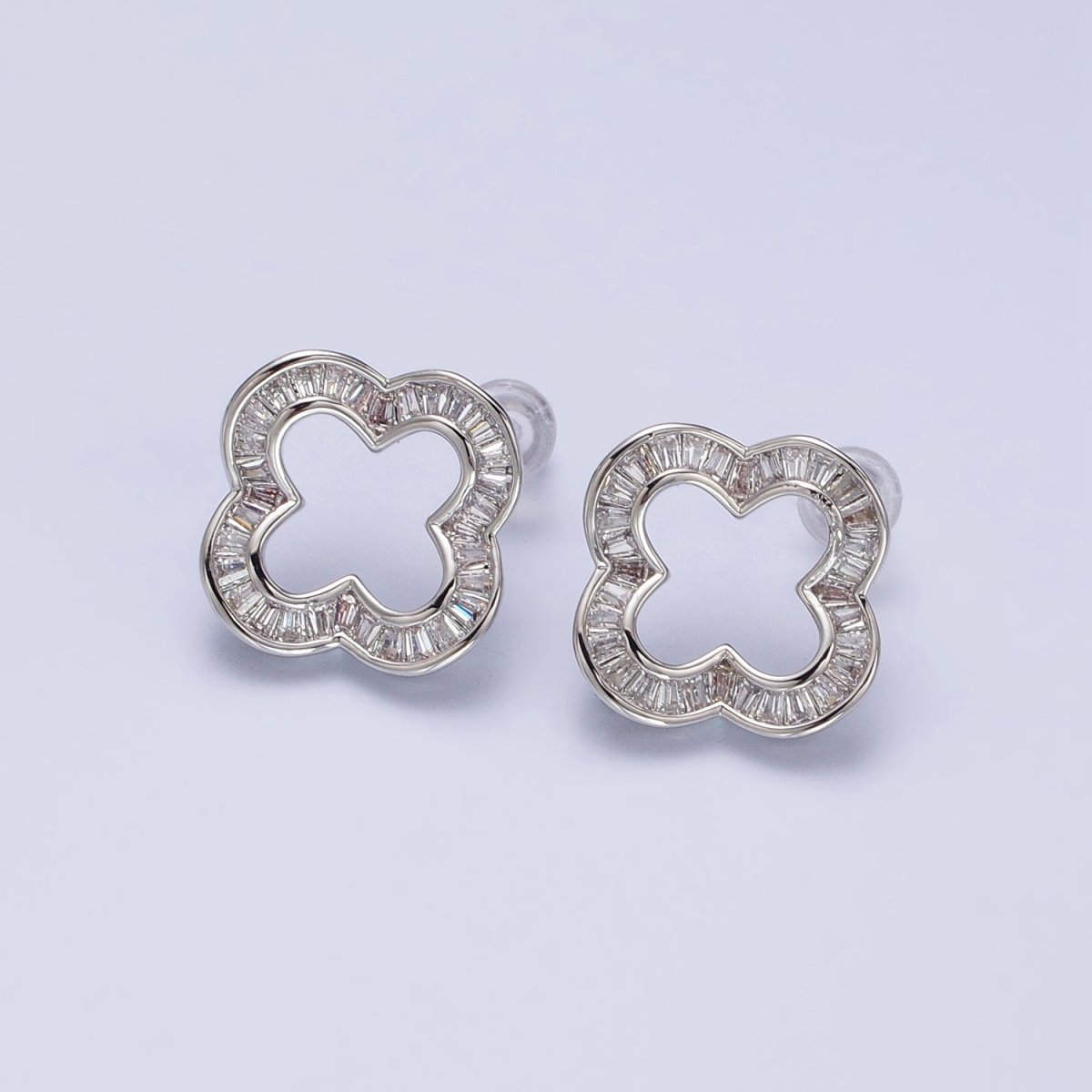 16K Gold Filled Clear Baguette Open Quatrefoil Clover Stud Earrings in Gold & Silver | AB358 AB359 - DLUXCA