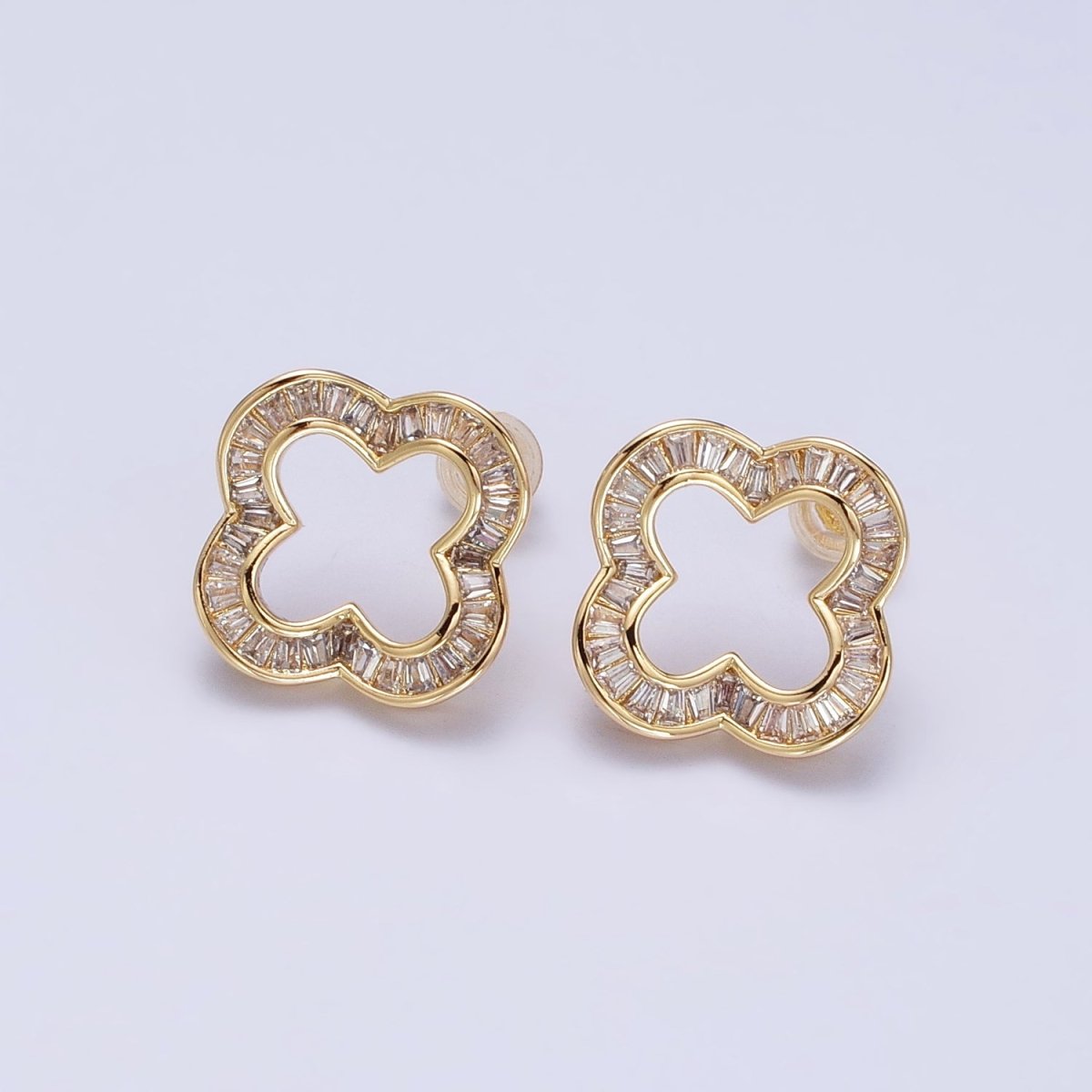 16K Gold Filled Clear Baguette Open Quatrefoil Clover Stud Earrings in Gold & Silver | AB358 AB359 - DLUXCA