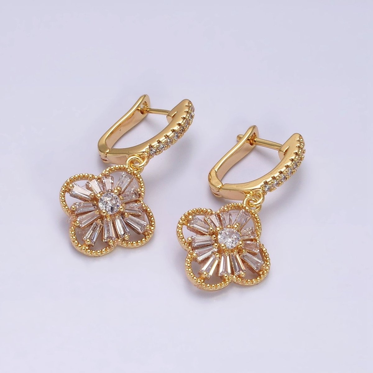 16K Gold Filled Clear Baguette Quatrefoil Drop Micro Paved CZ English Lock Earrings in Gold & Silver | AB1441 AB1442 - DLUXCA