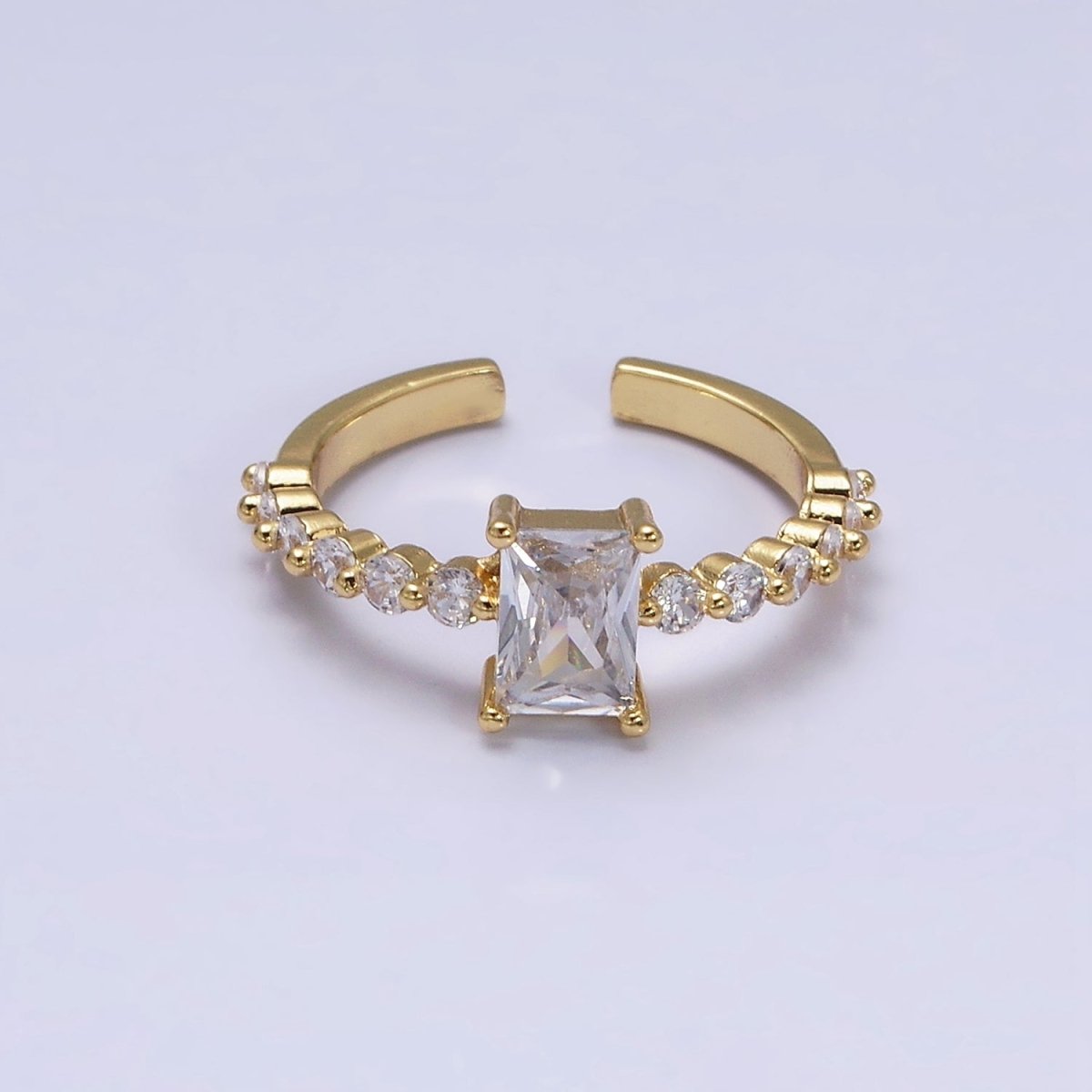 16K Gold Filled Clear Baguette Solitaire Round CZ Lined Adjustable Ring in Gold & Silver | O-1599 O-1600 - DLUXCA