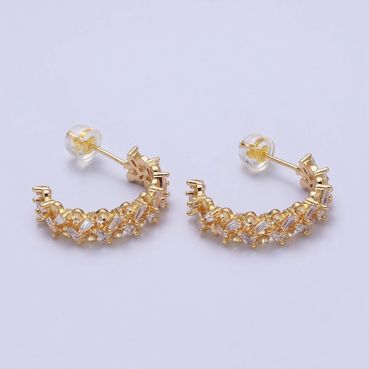 16K Gold Filled Clear Baguette Zig-Zag Lined 20mm C-Shaped Hoop Earrings in Gold & Silver | AB508 AB514 - DLUXCA