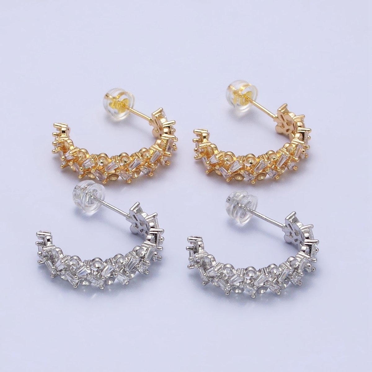 16K Gold Filled Clear Baguette Zig-Zag Lined 20mm C-Shaped Hoop Earrings in Gold & Silver | AB508 AB514 - DLUXCA