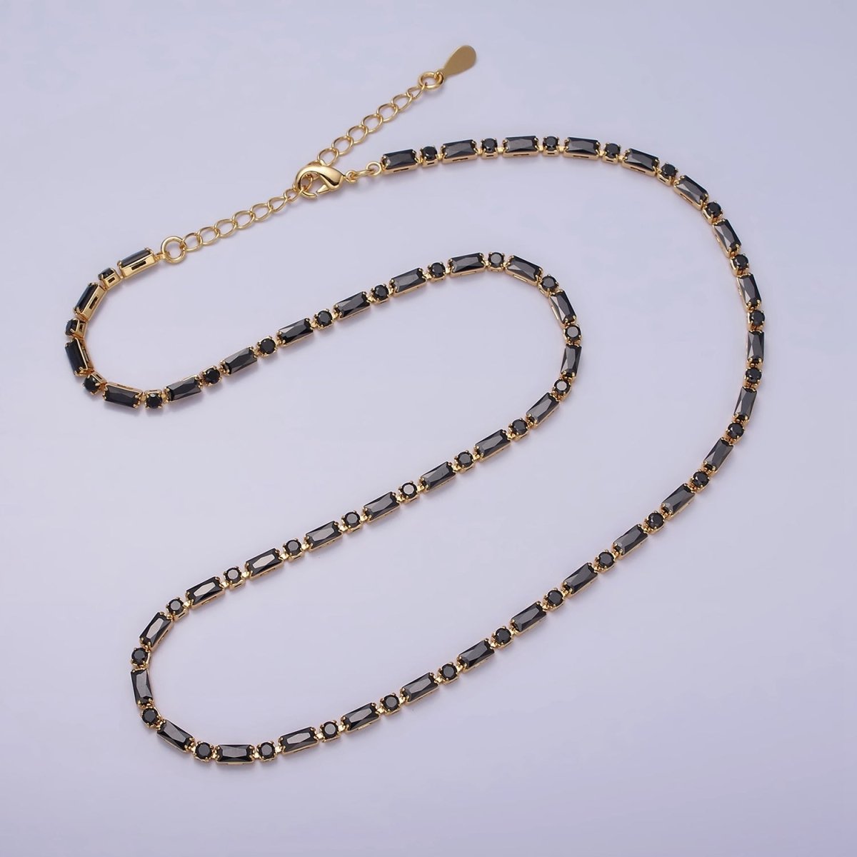 16K Gold Filled Clear, Black, Checkered 2.5mm Baguette Round CZ 17 Inch Tennis Chain Necklace | WA-1778 - WA-1840 Clearance Pricing - DLUXCA