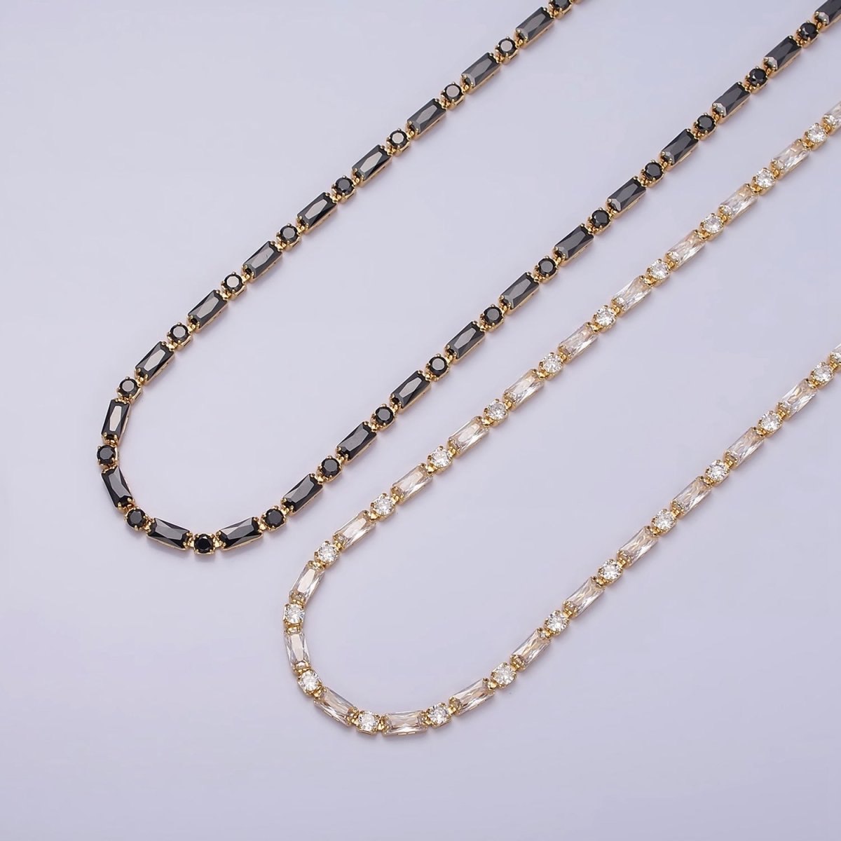 16K Gold Filled Clear, Black, Checkered 2.5mm Baguette Round CZ 17 Inch Tennis Chain Necklace | WA-1778 - WA-1840 Clearance Pricing - DLUXCA
