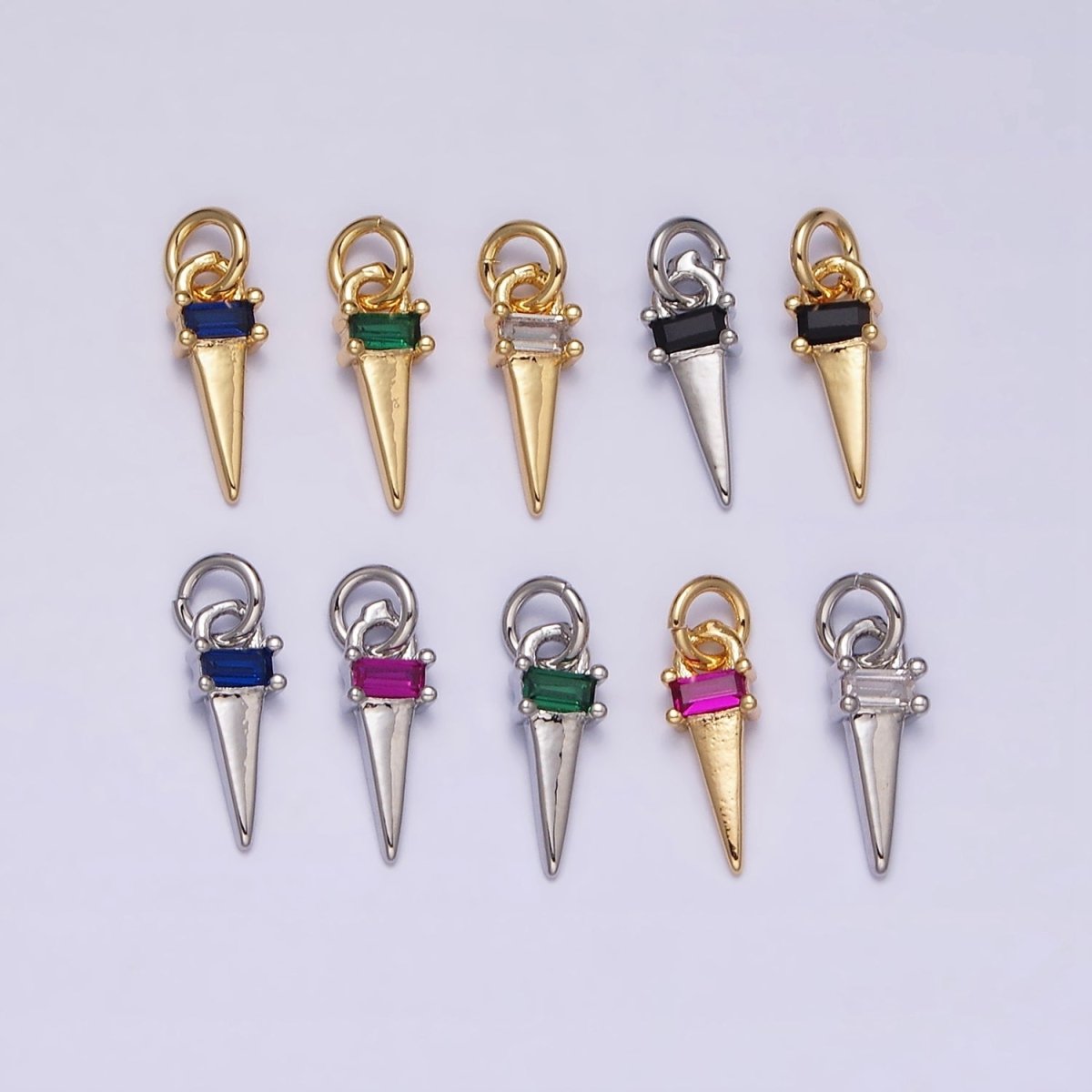 16K Gold Filled Clear, Blue, Fuchsia, Green, Black Baguette CZ Triangle Add-On Charm in Gold & Silver - DLUXCA