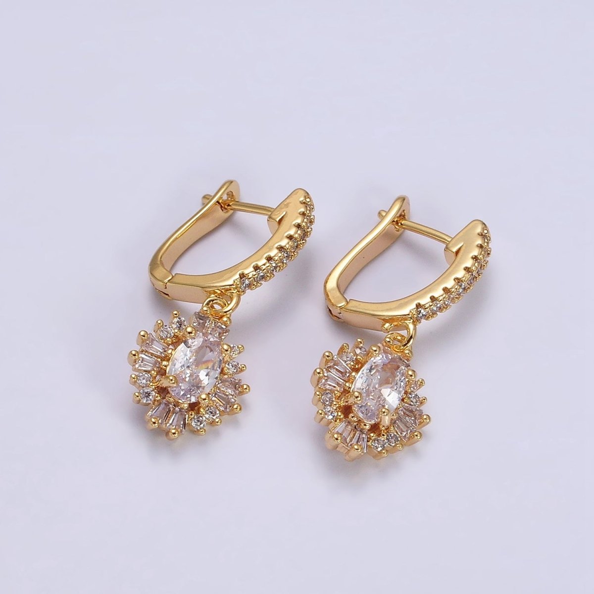16K Gold Filled Clear Celestial Oval Baguette Drop Micro Paved English Lock Earrings in Gold & Silver | Y-887 Y-888 - DLUXCA