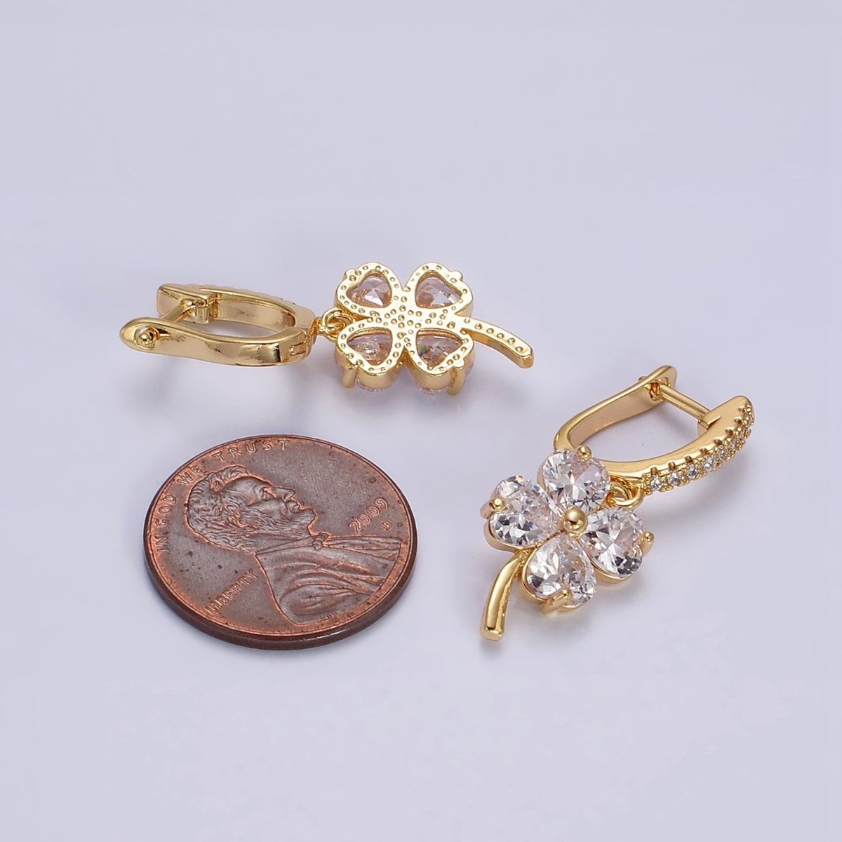 16K Gold Filled Clear Clover Quatrefoil Leaf Drop Micro Paved English Lock Earrings in Gold & Silver | Y-879 Y-880 - DLUXCA