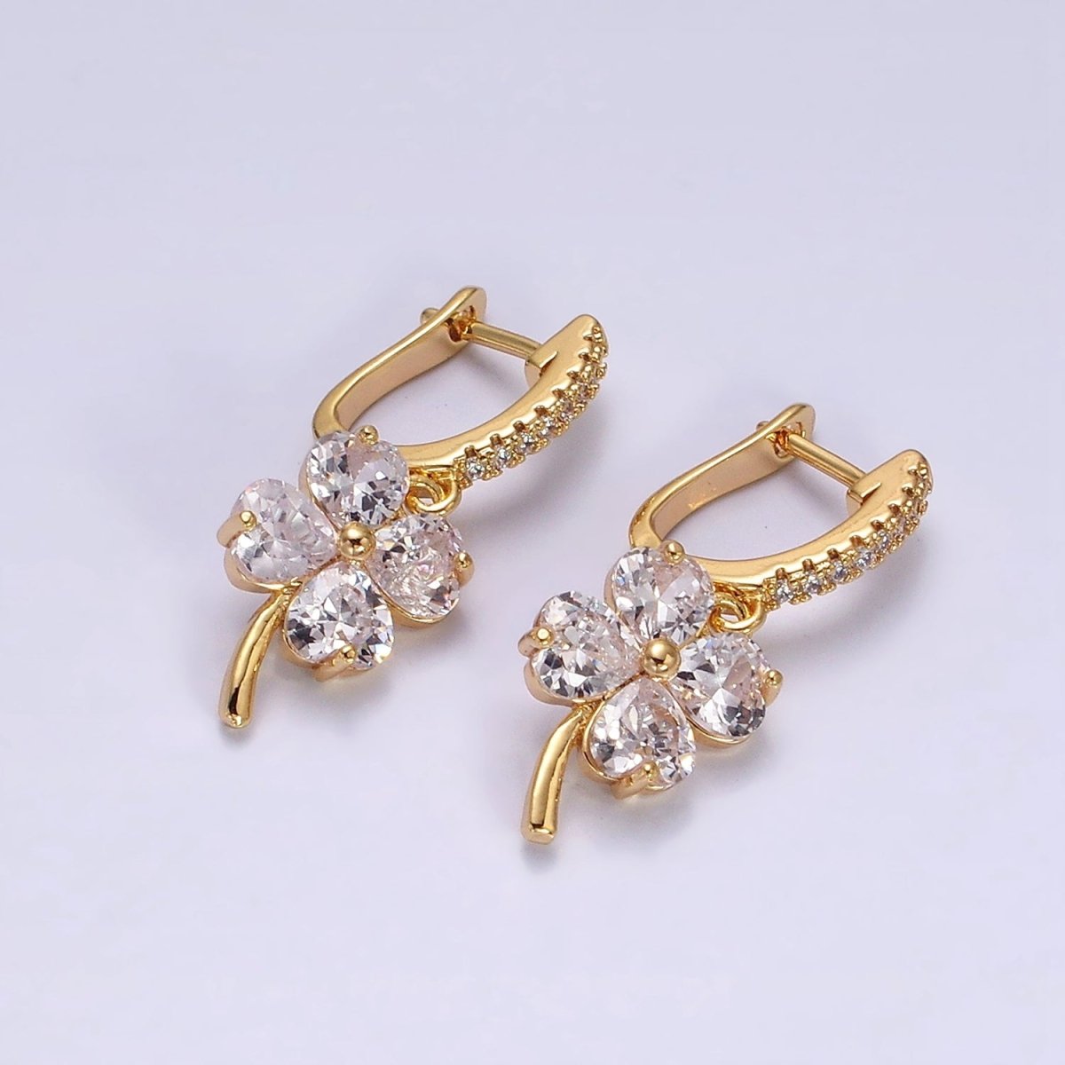16K Gold Filled Clear Clover Quatrefoil Leaf Drop Micro Paved English Lock Earrings in Gold & Silver | Y-879 Y-880 - DLUXCA