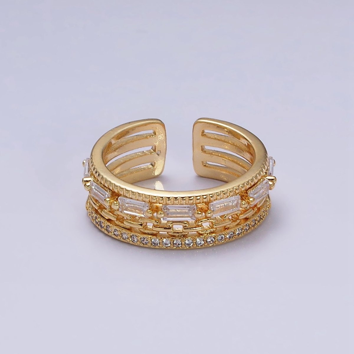 16K Gold Filled Clear CZ Baguette Cable Link Micro Paved Multiple Band Ring in Gold & Silver | O-1595 O-1596 - DLUXCA