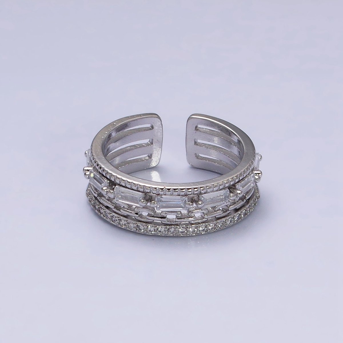 16K Gold Filled Clear CZ Baguette Cable Link Micro Paved Multiple Band Ring in Gold & Silver | O-1595 O-1596 - DLUXCA