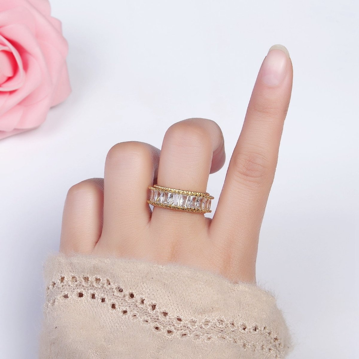 16K Gold Filled Clear CZ Baguette Lined Band Ring | O-008 - DLUXCA