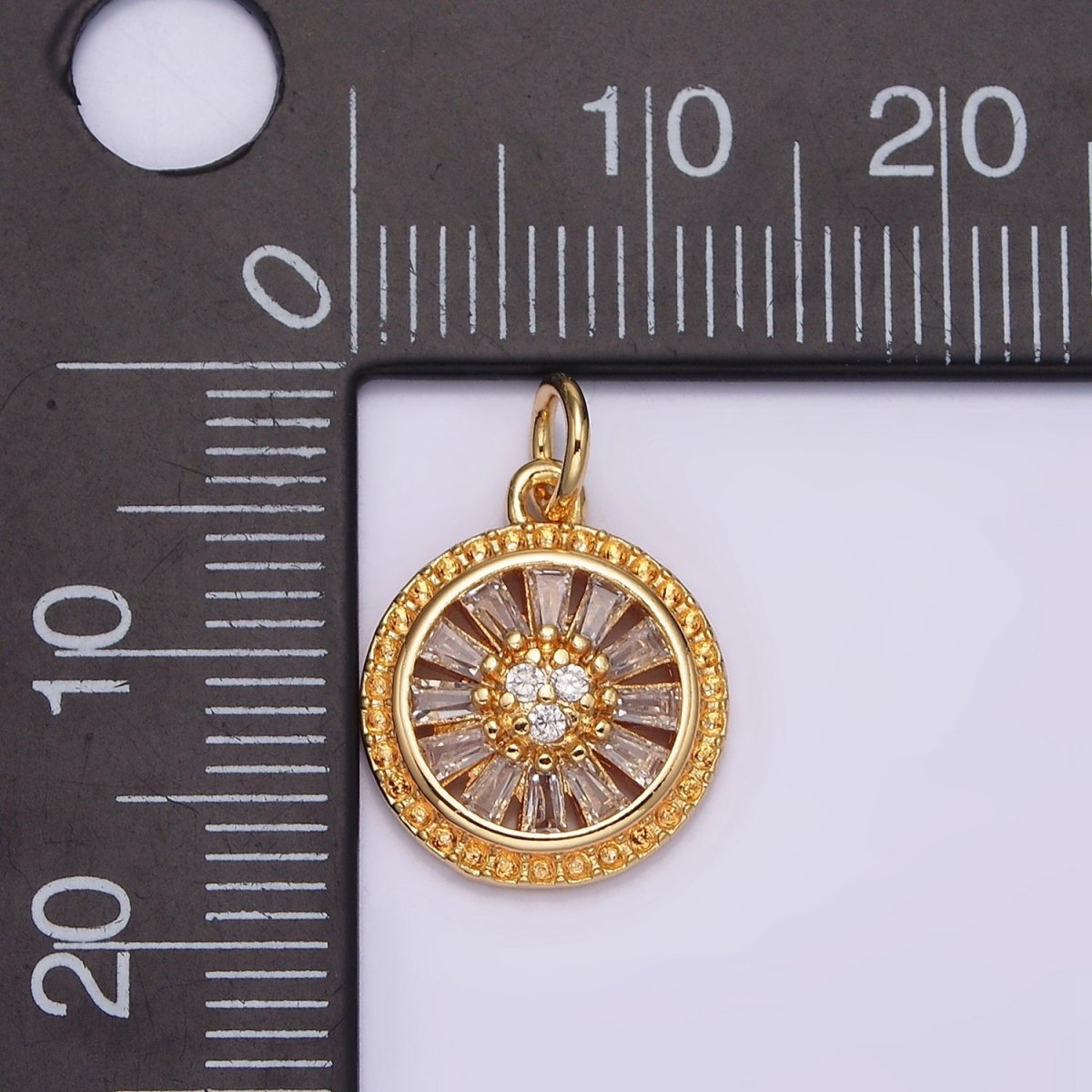 16K Gold Filled Clear CZ Baguette Open Dotted Outline Round Charm | N939 - DLUXCA