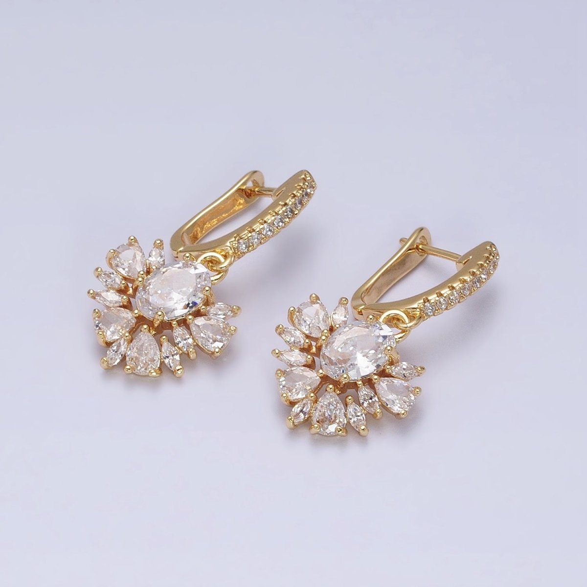 16K Gold Filled Clear CZ Celestial Sunburst Micro Paved English Lock Earrings in Gold & Silver | AD835 AD836 - DLUXCA