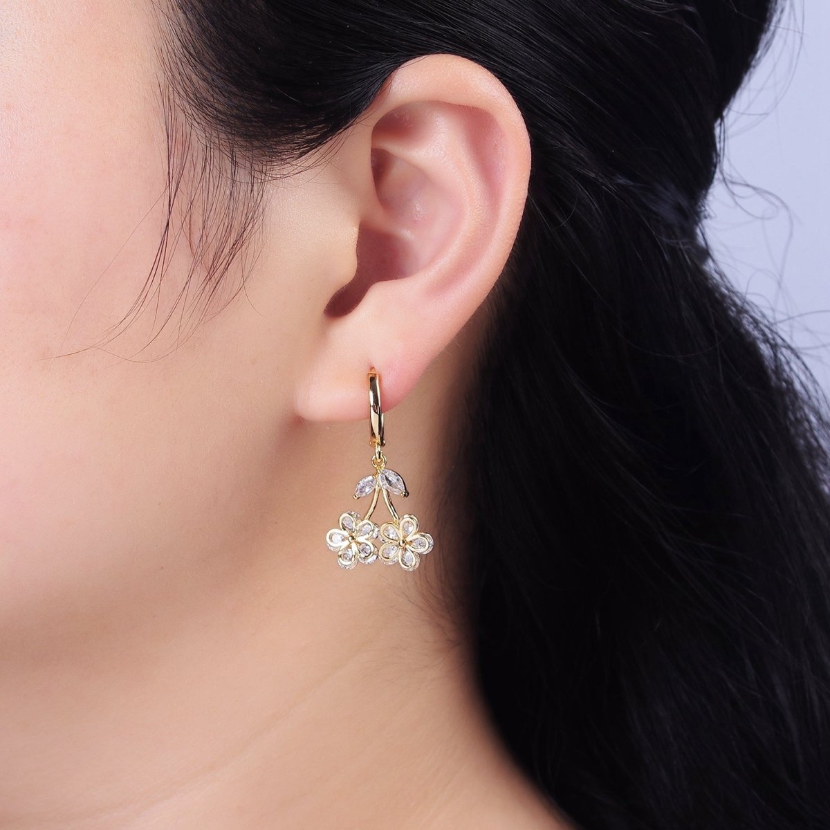 16K Gold Filled Clear CZ Cherry Flower Drop Huggie Earrings | AE830 - DLUXCA