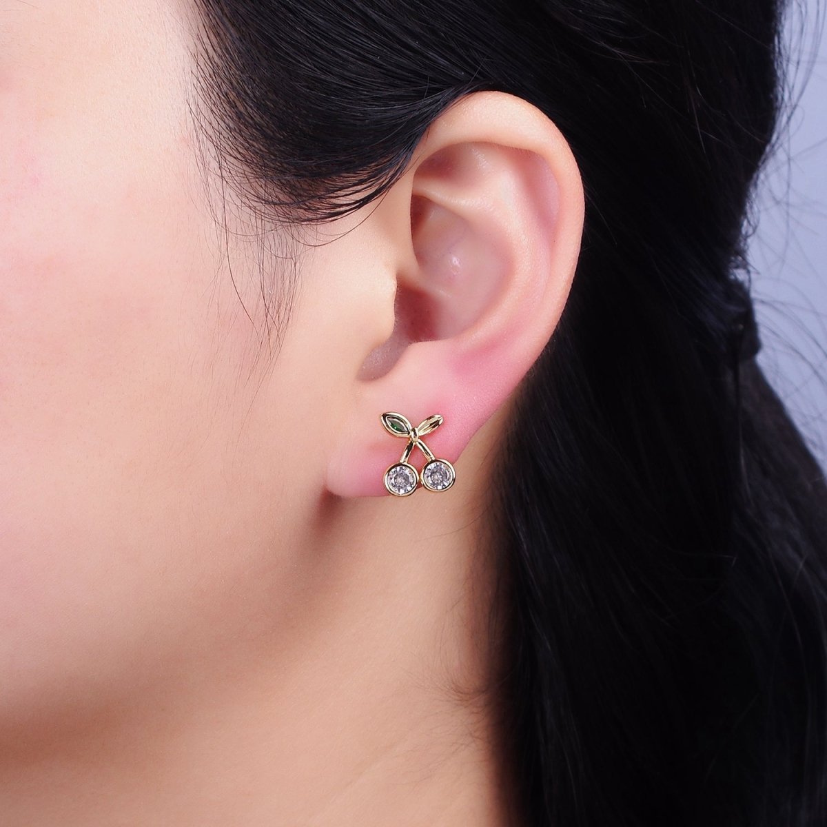 16K Gold Filled Clear CZ Cherry Fruit Green Leaf Stud Earrings in Gold & Silver | AD974 AD975 - DLUXCA