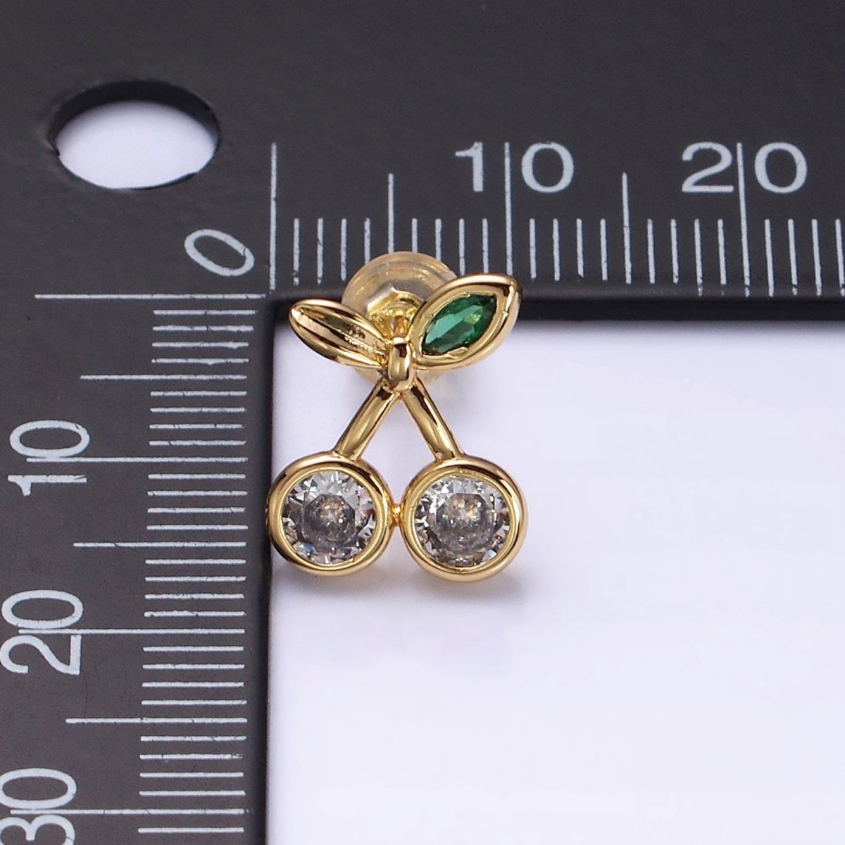 16K Gold Filled Clear CZ Cherry Fruit Green Leaf Stud Earrings in Gold & Silver | AD974 AD975 - DLUXCA