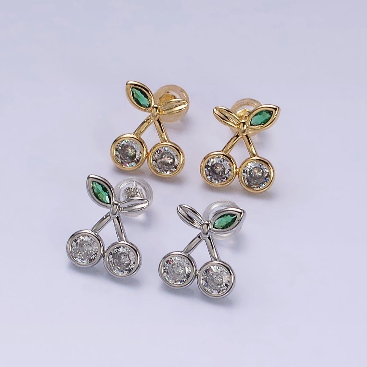 16K Gold Filled Clear CZ Cherry Fruit Green Leaf Stud Earrings in Gold & Silver | AD974 AD975 - DLUXCA