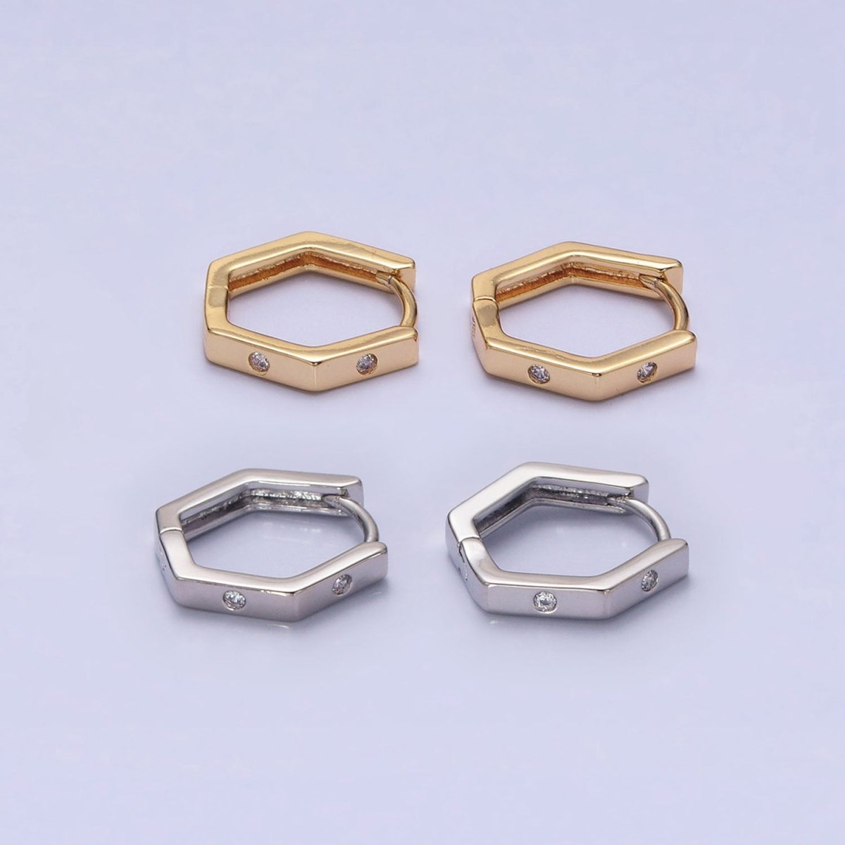 16K Gold Filled Clear CZ Dot Hexagonal Huggie Earrings in Gold & Silver | AB948 AB895 - DLUXCA
