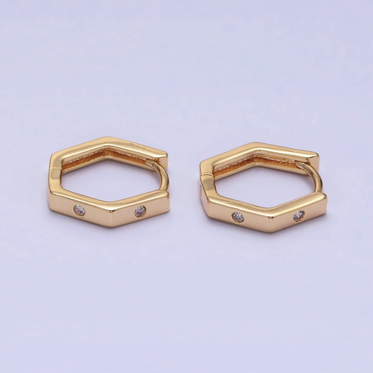 16K Gold Filled Clear CZ Dot Hexagonal Huggie Earrings in Gold & Silver | AB948 AB895 - DLUXCA