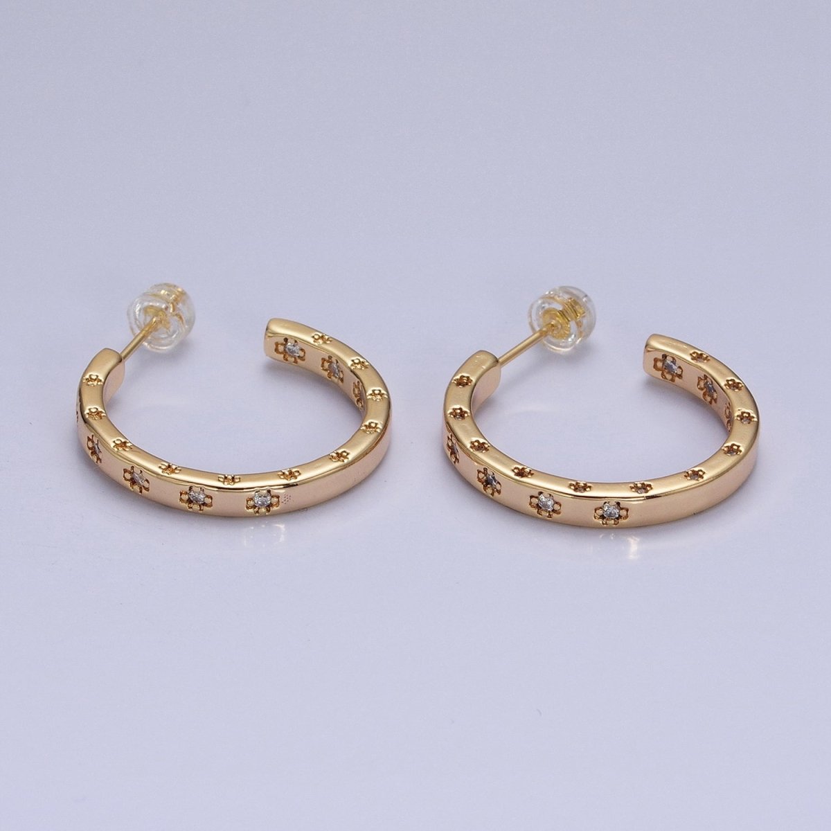 16K Gold Filled Clear CZ Flower Dotted Front-Facing C-Shaped Hoop Earrings in Gold & Silver | AD1302 AD1303 - DLUXCA