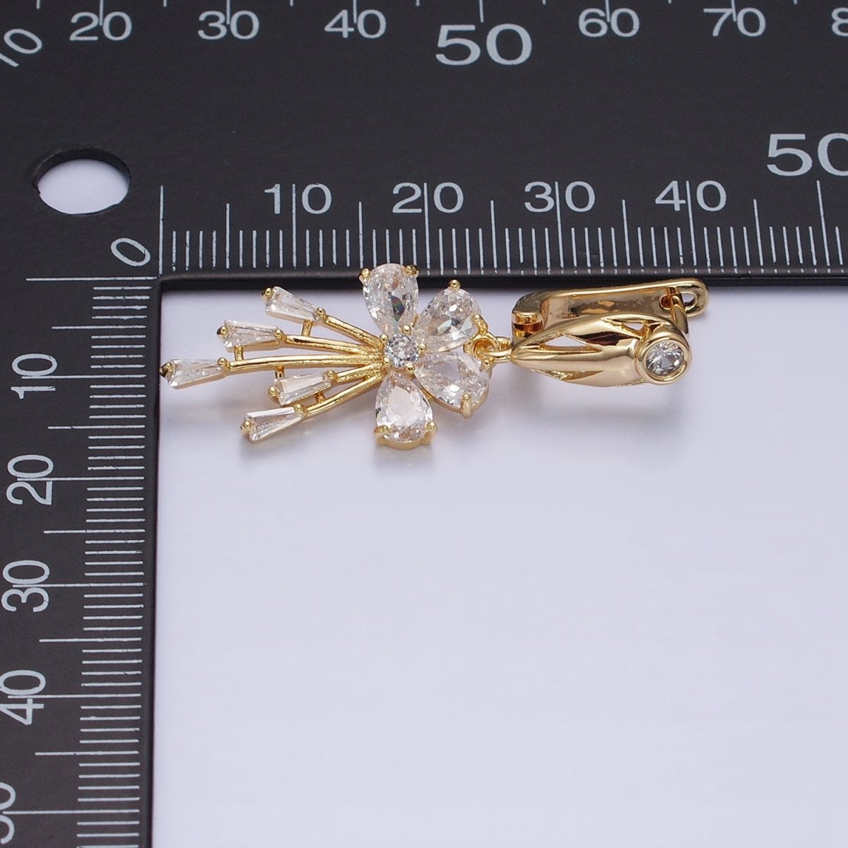 16K Gold Filled Clear CZ Flower Teardrop Baguette Drop English Lock Earrings in Gold & Silver | AD1287 AD1288 - DLUXCA