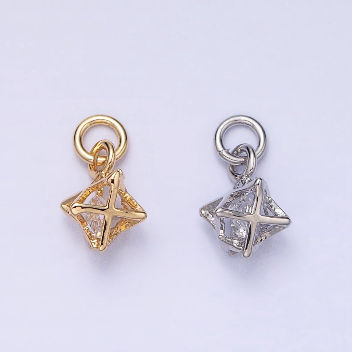 16K Gold Filled Clear CZ Geometric Box Add-On Charm in Gold & Silver | AC1199 AC1200 - DLUXCA