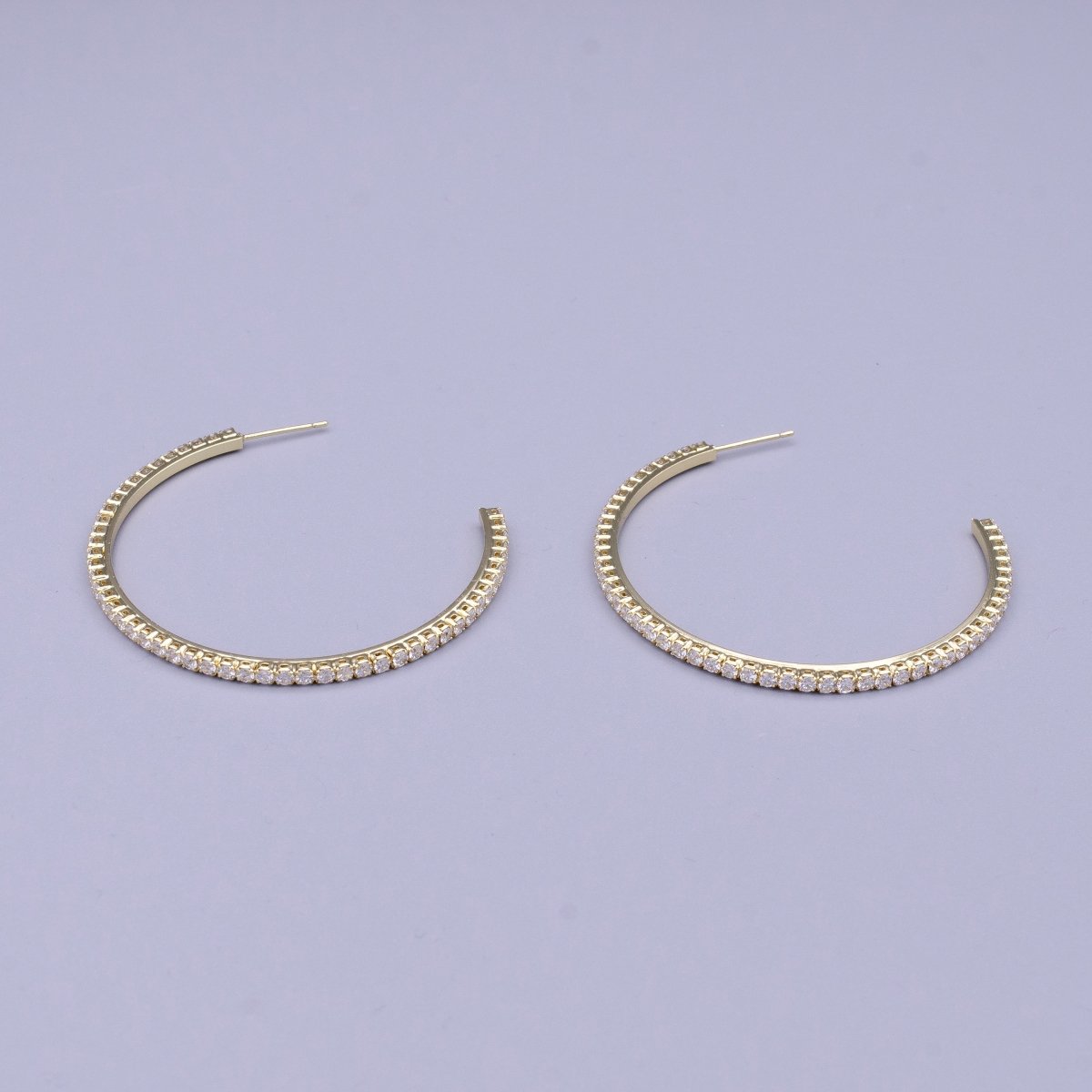 16K Gold Filled Clear CZ Lined C-Shaped Hoop Earrings in Gold & Silver | AE039 AE040 - DLUXCA