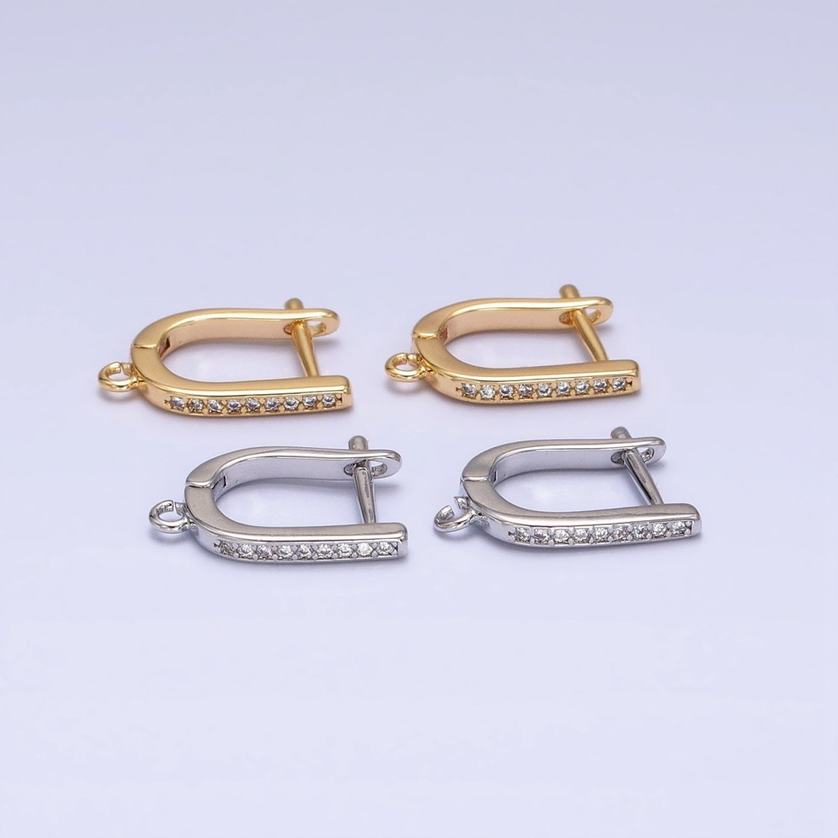 16K Gold Filled Clear CZ Lined Open Loop English Lock Earrings Supply in Gold & Silver | Z-223 Z-224 - DLUXCA