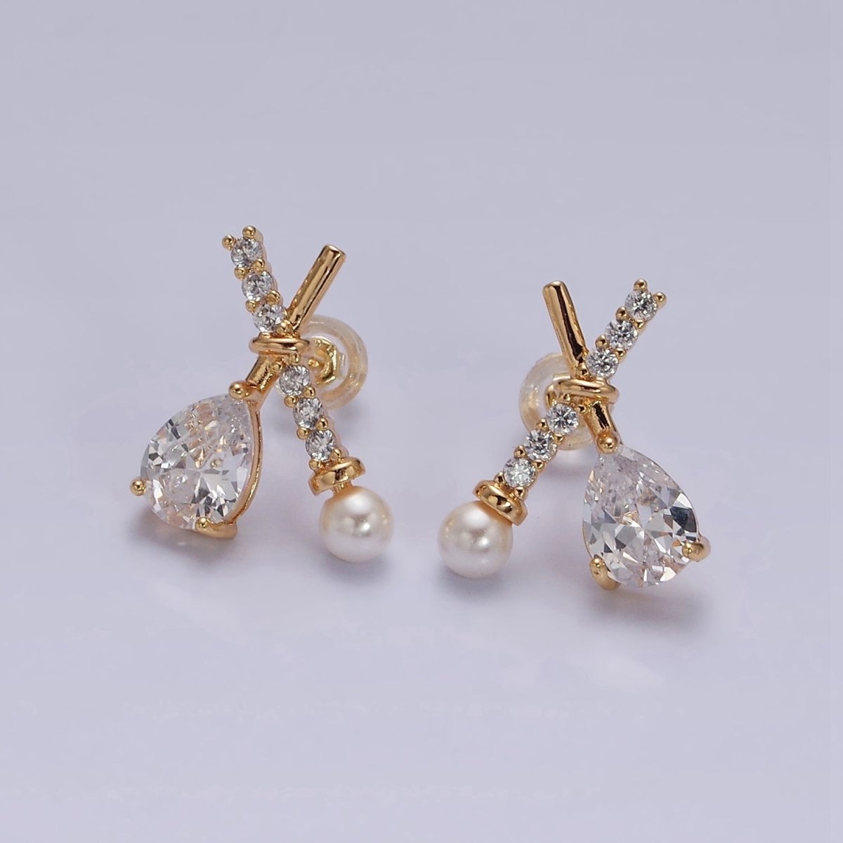 16K Gold Filled Clear CZ Micro Paved X Claw Double Band Stud Earrings | AE842 - DLUXCA