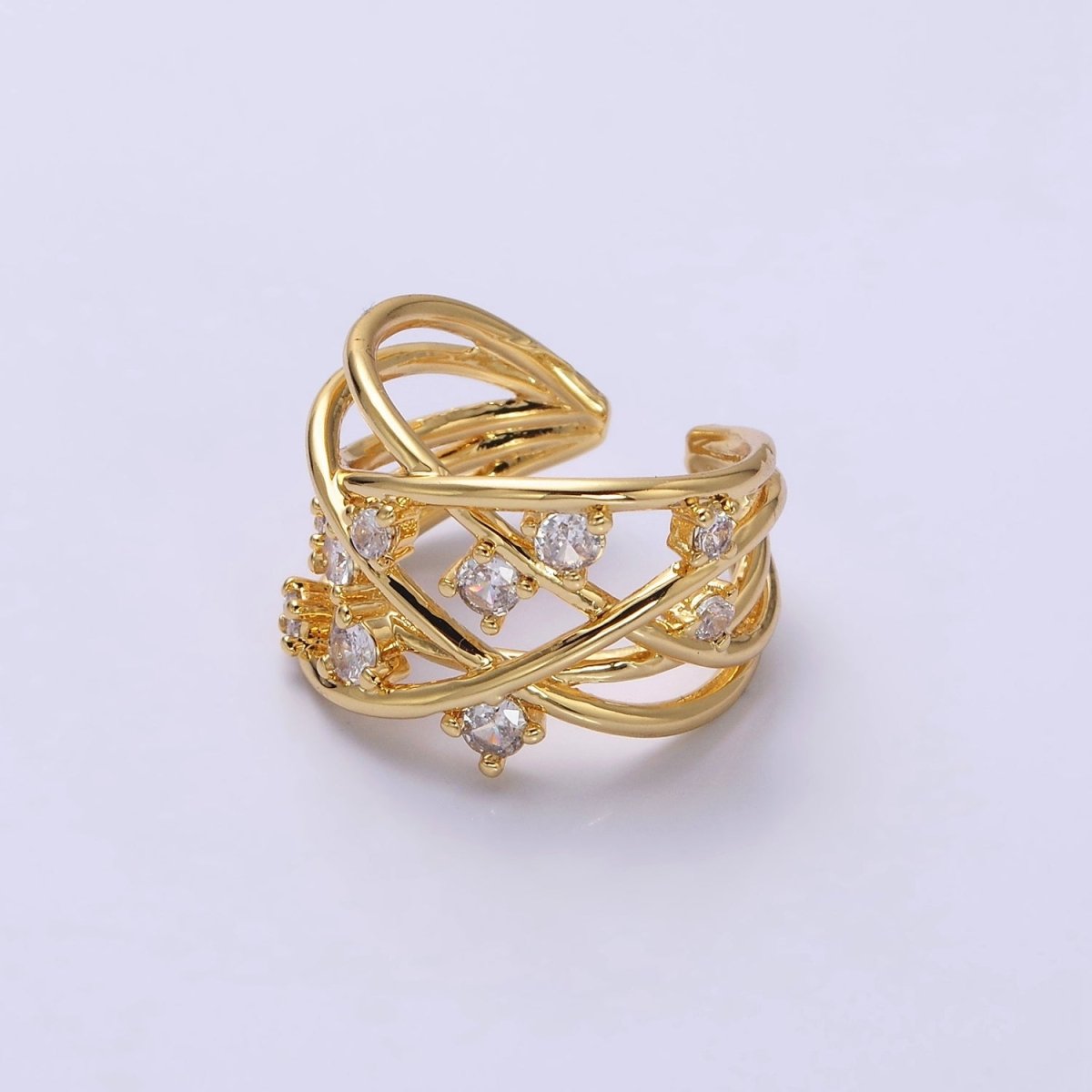 16K Gold Filled Clear CZ Multiple Band Intertwined Statement Ring | O-558 - DLUXCA