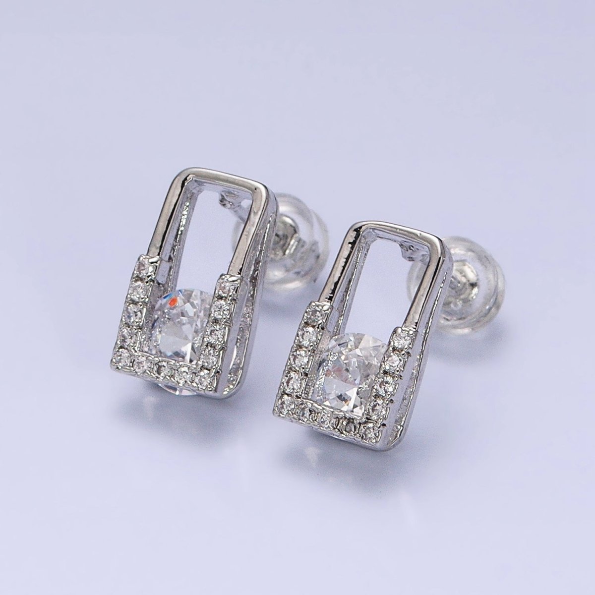 16K Gold Filled Clear CZ Round Micro Paved Open Rectangular Stud Earrings | AD943 AD944 - DLUXCA