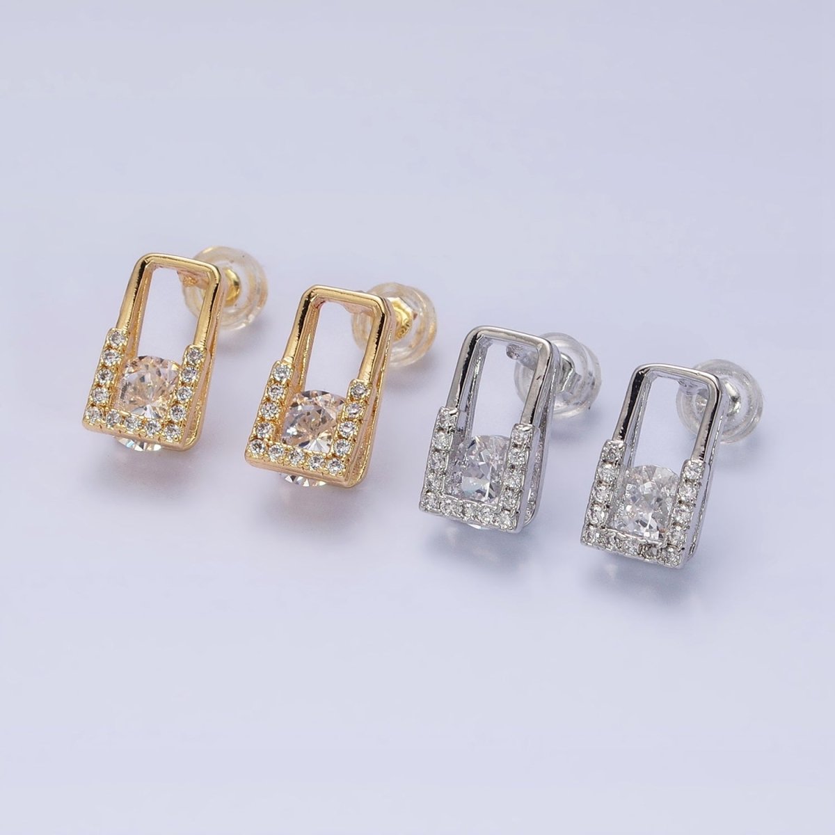 16K Gold Filled Clear CZ Round Micro Paved Open Rectangular Stud Earrings | AD943 AD944 - DLUXCA